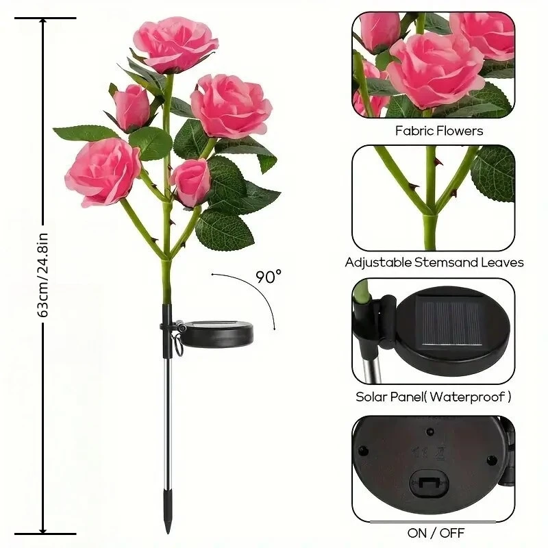 1PC Solar 5-Head Rose Flower LED Light,Outdoor Plug-in Decoration Lights,Landscape Lightting For Garden Lawn Yard Path Graveyard