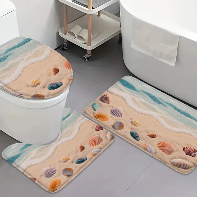3 stücke shell strand meer ansicht bad flanell teppich badezimmer tür matte U-förmigen saugfähigen anti-slip boden matte hause wc deckel matte