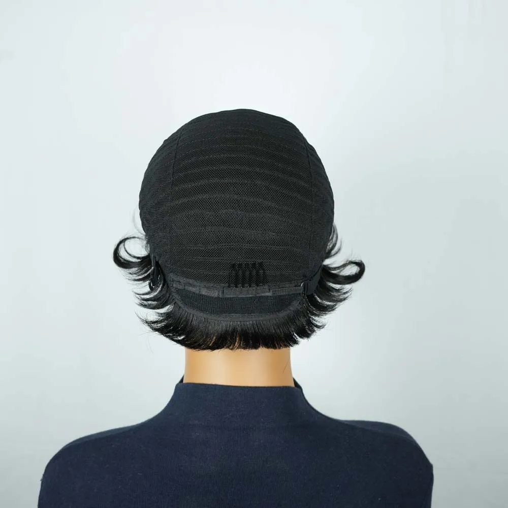 黒人女性用ショートピクシーカットウィッグ レミー人毛ストレート ブラックミックスピンクカラー レイヤードピクシー マシンメイドウィッグ 前髪付き
