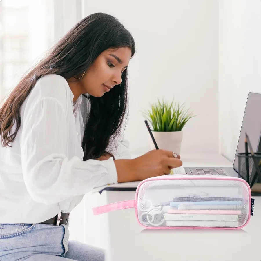 Aosbos Mesh-Federmäppchen, durchsichtiges Federmäppchen, Bleistiftbeutel, transparente Stifthaltertasche, Mehrzweck-Organizer-Box mit tragbarem Stra