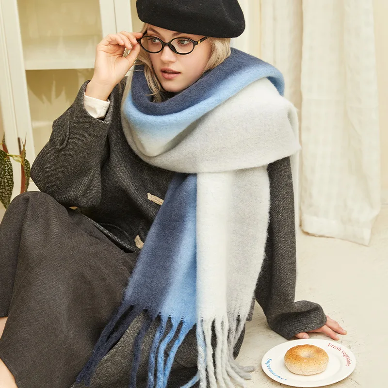 

Новая мода мохеровый полосатый шарф с кисточками женский осенне-зимний корейский вариант утолщенная теплая мягкая женская шаль красочный глушитель