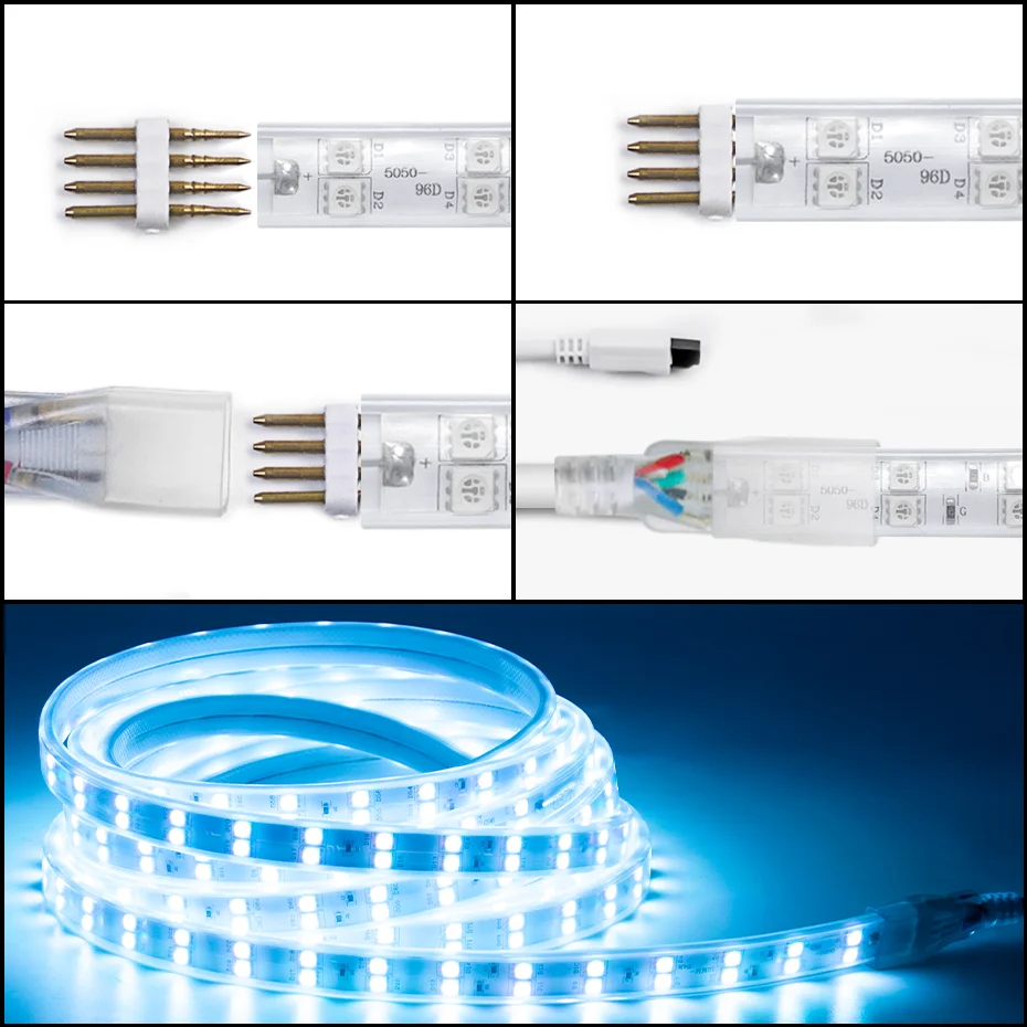 AC220V Double Row RGB Led Strip lights 5050 IP67 Waterproof Flexible Tape 4Pin 750W IR Remote/Bluetooth /WiFi Control 1-100M