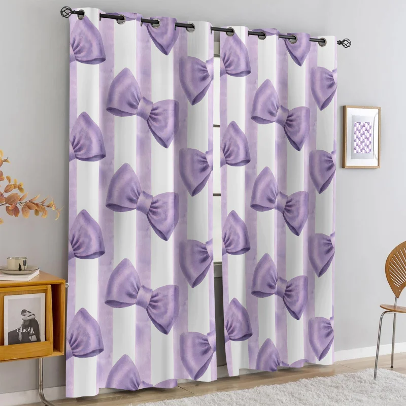 

2Pcs Romantic Purple Bow Striped Print Perforated Blackout Curtains, Multi Size Girls Room Bedroom Insulation Decoration