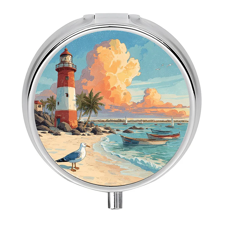 A box with 3 compartments, featuring a tropical beach lighthouse scene, used for holding, organizing, traveling, and storing vitamins