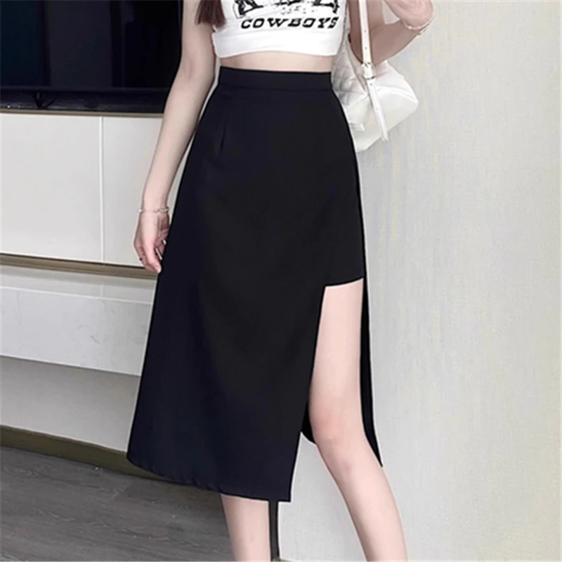 Black Irregular Slit Skirt for Women Summer Mid-length A-line 2023 New High Waist Hip Skirt Harajuku Vintage Women Clothing