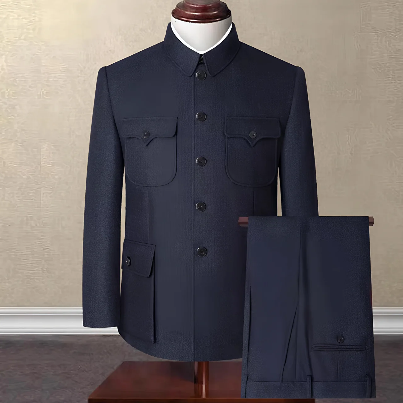 Men Zhongshan Suit Set Navy Blue Jacket & Trouser 2PCS Wear Confucian Philosophy Design Traditional Two-Piece Ensemble Attire