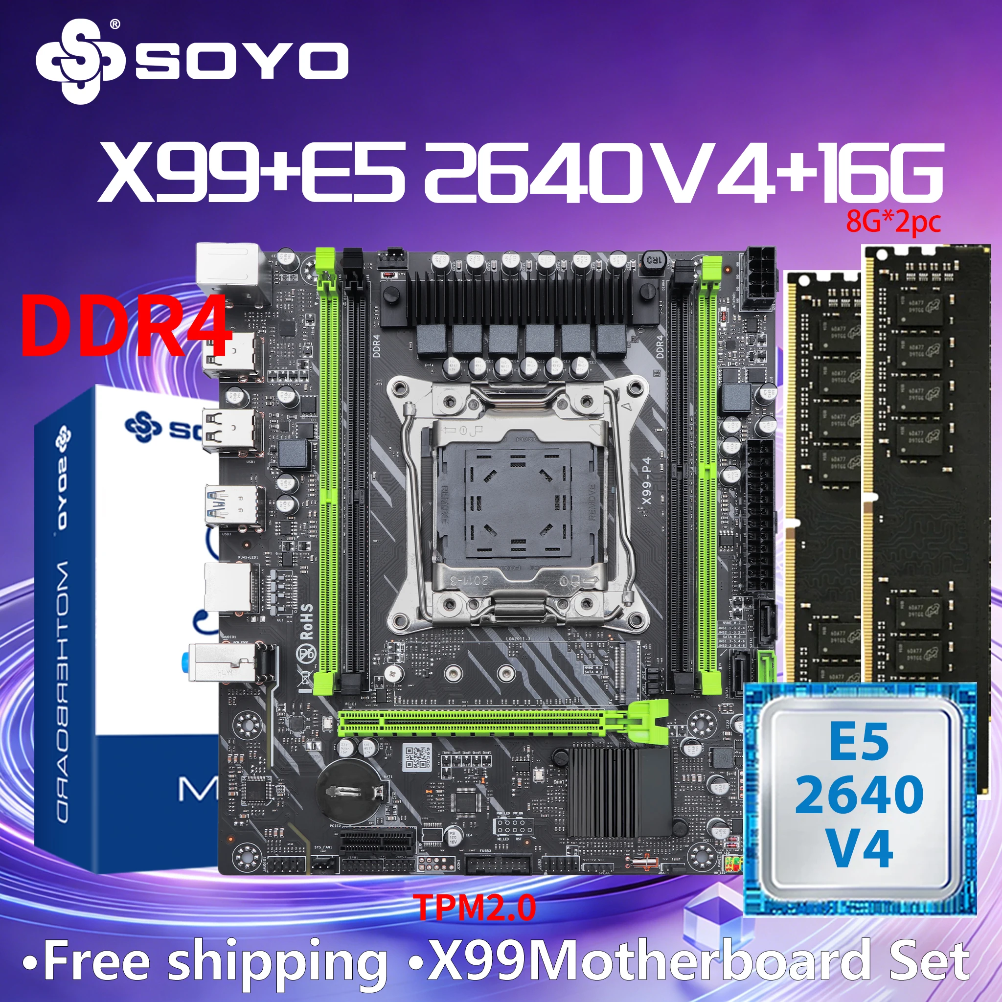 SOYO Gaming Motherboard X99 BSF C612 Intel Kit Xeon E5 2640 V4CPU DDR4 RAM 16GB=8G*2 2133MHZ LGA2011-3 TPM2.0 PCIE3.0x16 SATA3.0