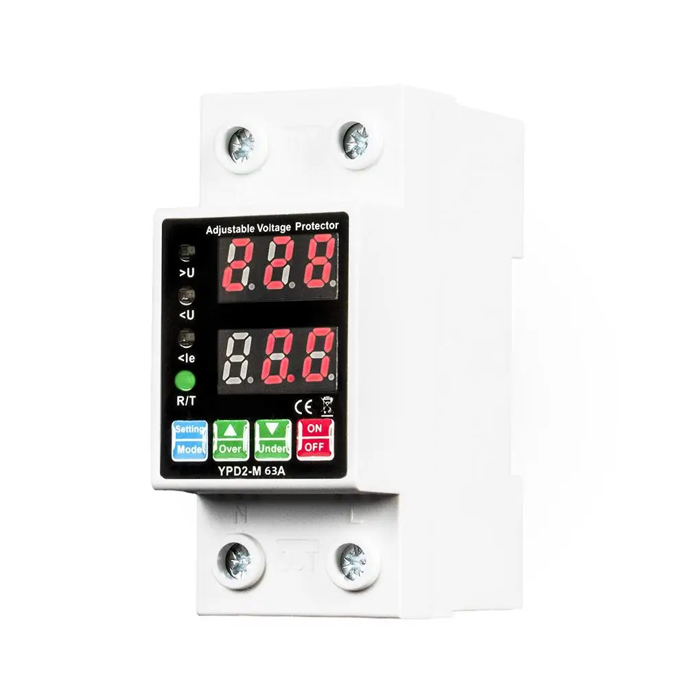 63A Dual Screen Voltage Protector Auto For Reset Adjustable Overvoltage Undervoltage Switch For Home Commercial Electrical Safet