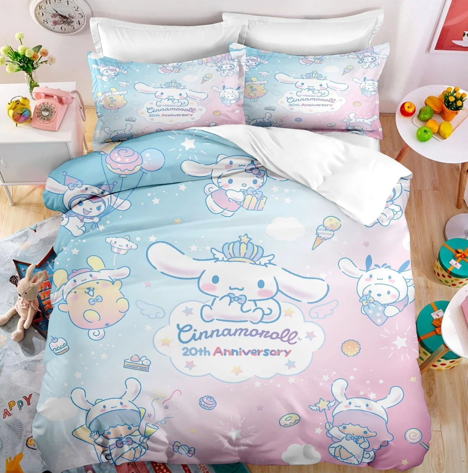 Sanrio-Juego de funda de edredón Cinnamoroll, Juego de 3 piezas con funda de almohada, ropa de cama para niños, edredón 100% poliéster, decoración de habitación