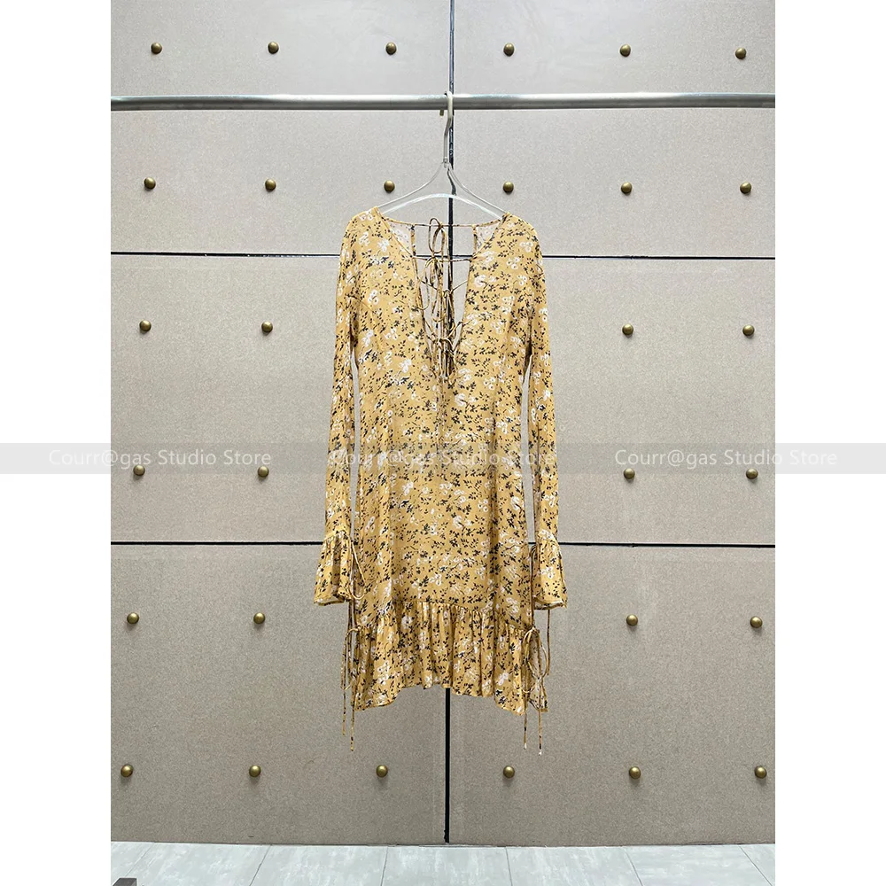 

2024 Spring and Summer New Floral Print Sexy V-neck Backless Ruffle Sleeve Lace-up Dress for Women