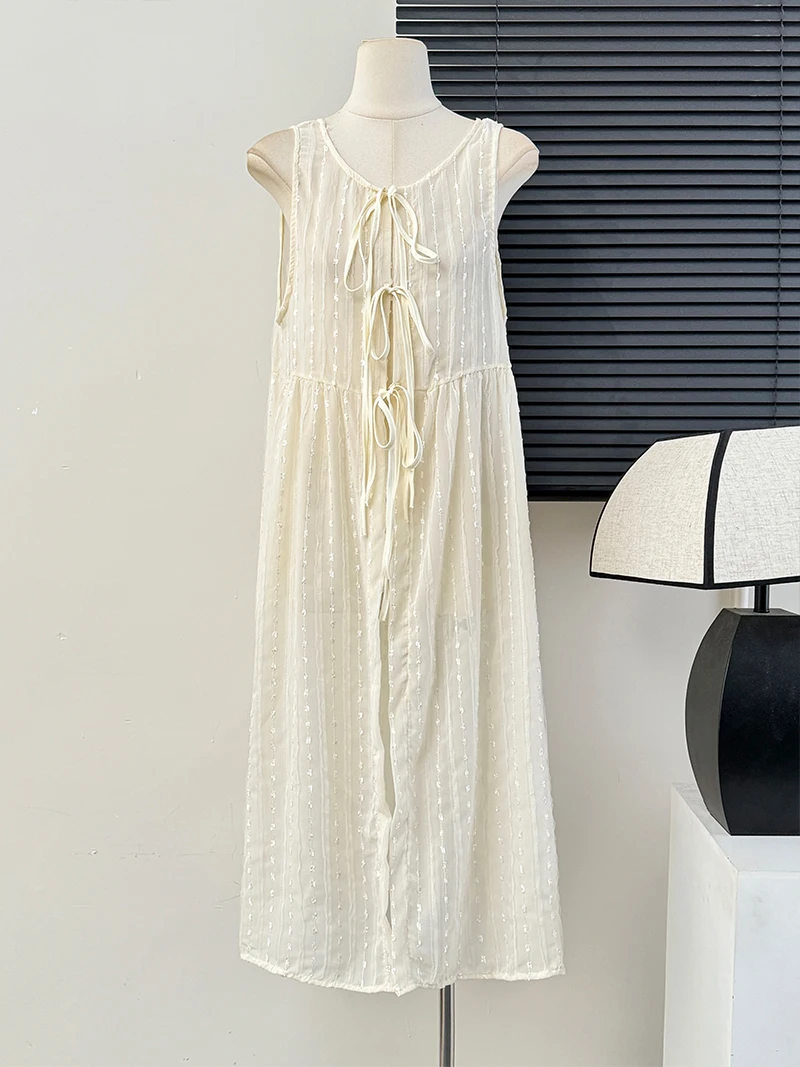 Korean Style Stacked Embroidery Chiffon Dress Women Spring Summer Lace-up Perspective Vest Dresses Fashion All-matched Overskir