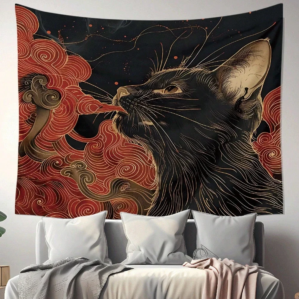 Asian Ukiyo Art Japanese Cat Swallowing Clouds Wave Fabric Fun Tapestry Wall Hanging with Accessories Kawaii Tapestry Wall