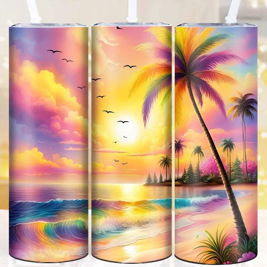 Fashion 3D Print Seaside Beach Sunset Festive Cups Straw Lid 20oz Stainless Straight Tumblers Festive Seamless Inflated Tumblers