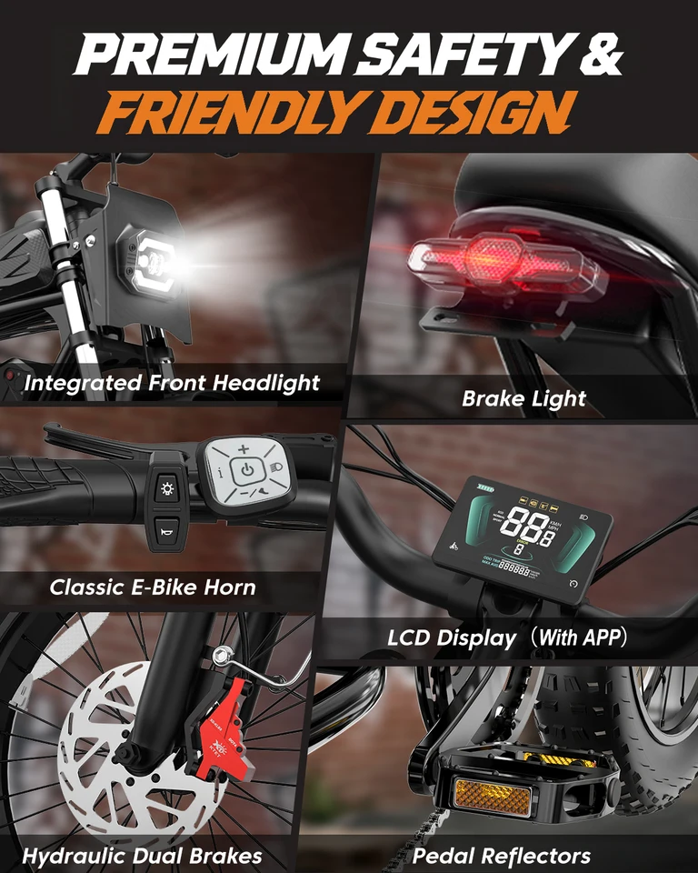 Bopzin Electric Bike for Adult 2000W Peak Motor 48V 25Ah Removable Battery Up to 80 Miles Range Smart App 20" Fat Tires Hydraulic Disc BrakesDual Suspension image 8