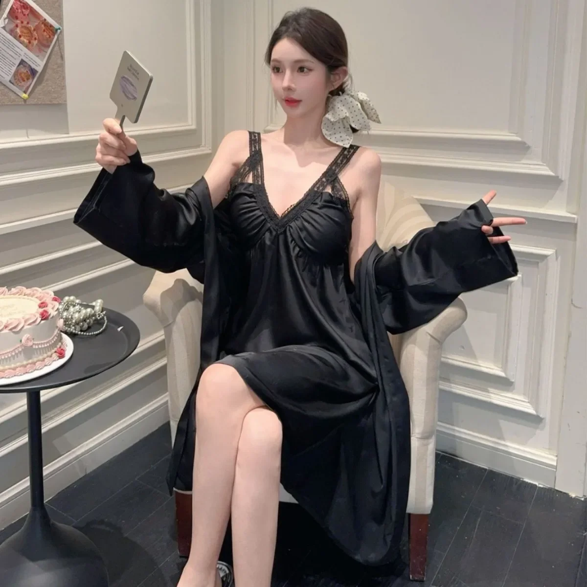 Twinset Abito con cinturino Camicia da notte Indumenti da notte femminili Lingerie Patchwork di pizzo Kimono Accappatoio Set Tentazione estiva Indumenti da notte