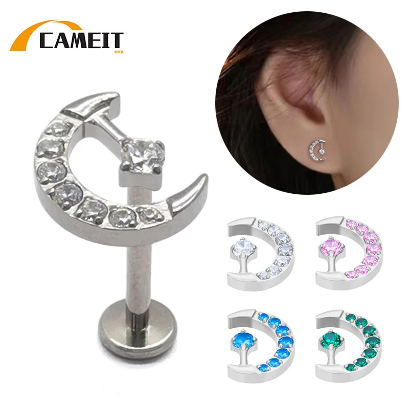 

G23 Titanium EAR PIERC Arc Moon Shape with CZ Top Cartilage Tragus Earring Ear Lip Helix Studs Tongue Piercing Jewelry Wholesale