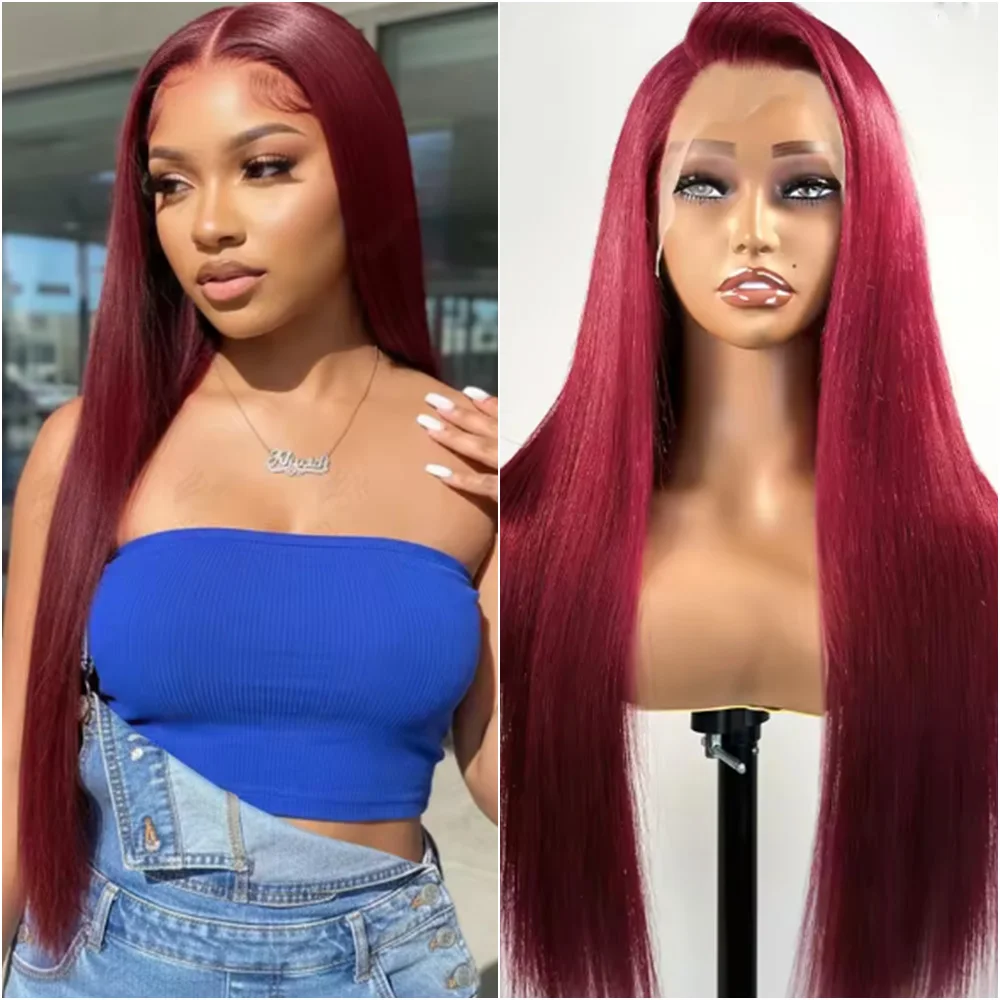 

Красный парик из натуральных волос 99J Burgundy с прямым кружевным фронтом 13x6, 40 дюймов, прозрачный HD-кружевной фронтальный парик 13x4 для женщин