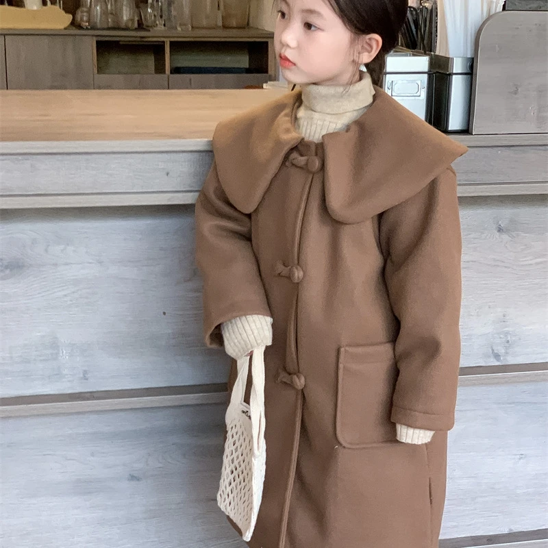 Girls Woolen Coat Overcoat Jacket Windbreak 2023 Long Warm Plus Thicken Winter Cotton Tracksuit Sport Children's Clothing