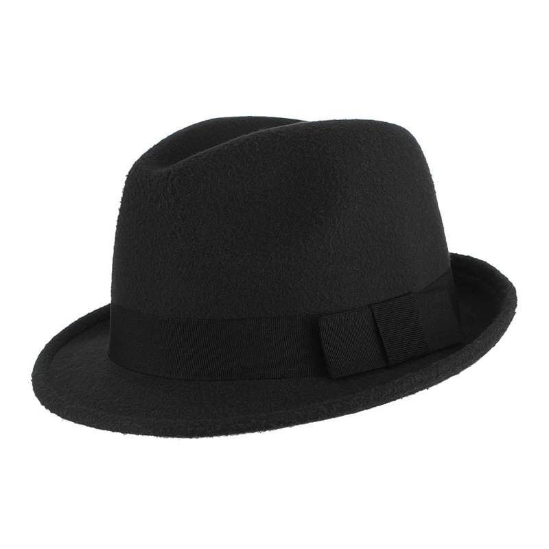 Unisex Roll Up Short Brim Felt Fedora Hats with Black Ribbon Women Men Trilby Jazz Hat