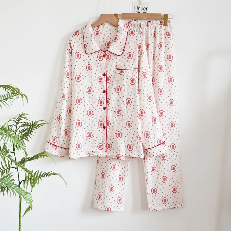 Pure Cotton Double-layer Yarn Monet Teddy Bear Square Neck Four Season Long Sleeved Pants Home Sleepwear Set Can Be Worn Outside