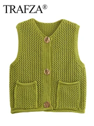 TRAFZA Women Metal Single Breasted Knitted O-neck Vest Casual Hollow Out Sleeveless Waistcoat 2024 Lady High Street Crop Top