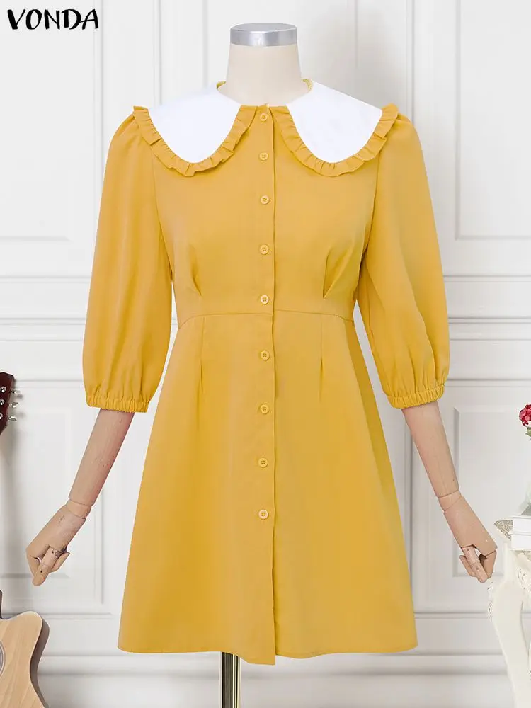 2025 VONDA Fashion Shirt Dresses Women 3/4 Sleeve Peter Pan Collar Mini Sundress Spring Buttons Casual Elegant Party Robe Femme