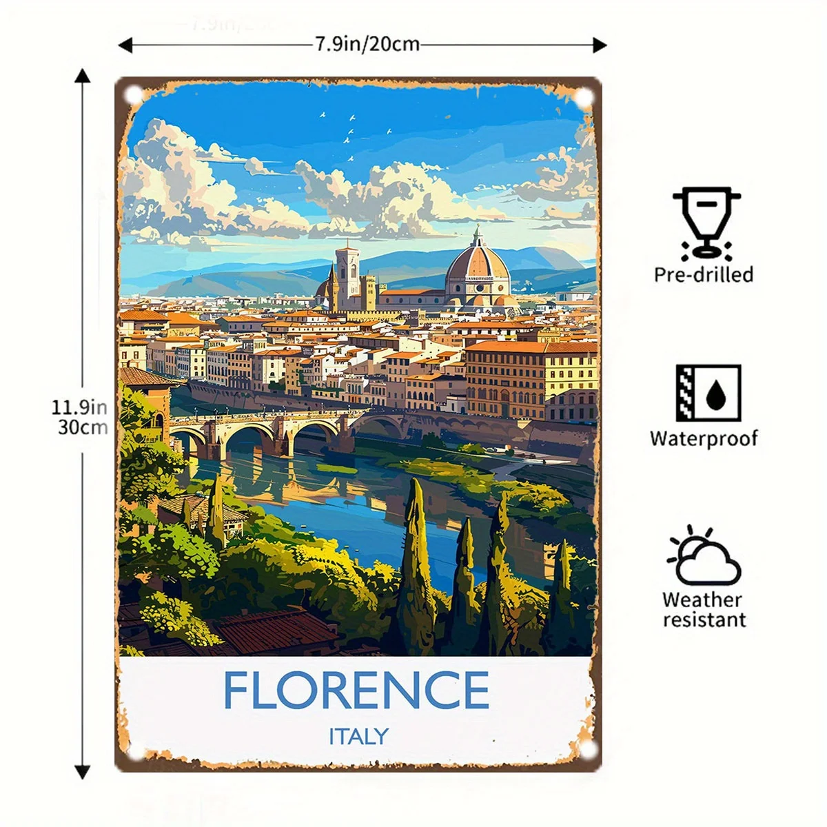 2D Flat, 1pc Vintage Florence Cityscape Metal Tin Sign, 20.32x30.48cm Iron Wall Art for Home, Garden, Bar, Farm, Office Decor, 1