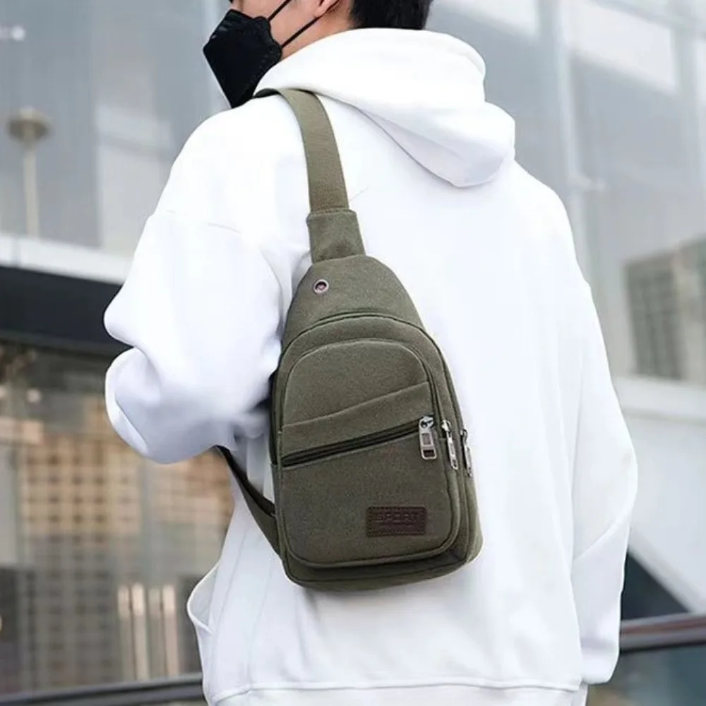 canvas Men's Chest Bag Large Capacity Solid Color Shoulder Crossbody Bag Adjustable Shoulder Multifunctional Sports Knapsack