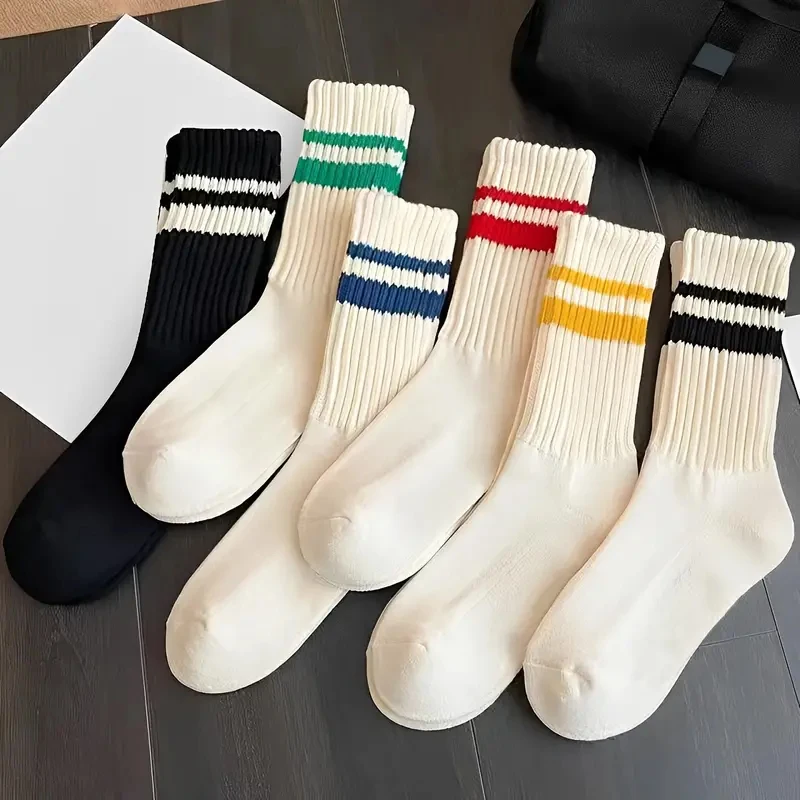 6 pares de meias de malha listradas grossas, meias de comprimento médio simples e elegantes para outono e inverno