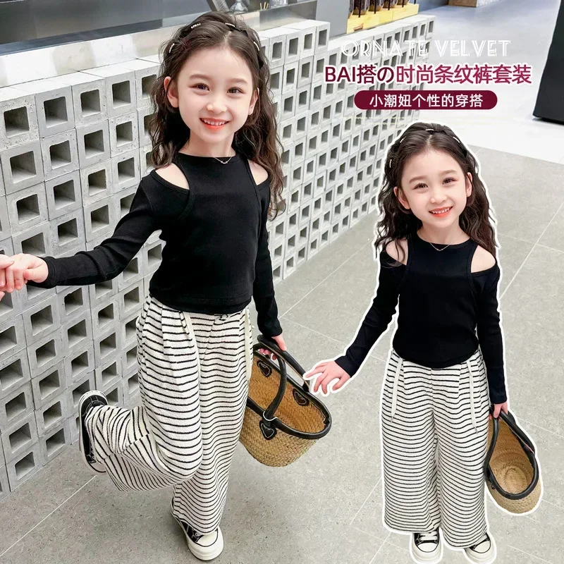 2024 New Fashion Girls Baby 2pcs Clothing Set off shoulder tops shirts+striped casual pants Kids Children Spring Autumn Clothes