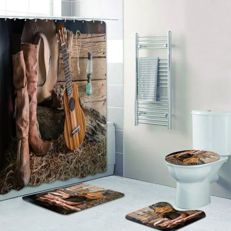 Rustic Western Cowboy Shower Curtain Set American Country Music Bathroom   Bath Mat Rug Carpet Bathtub Accessories