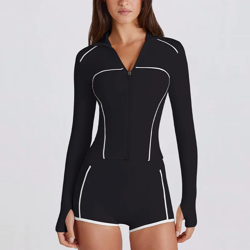 

Женская спортивная куртка с длинными рукавами, быстросохнущая одежда для йоги, модный топ на молнии с лацканами, дышащая облегающая куртка для бега