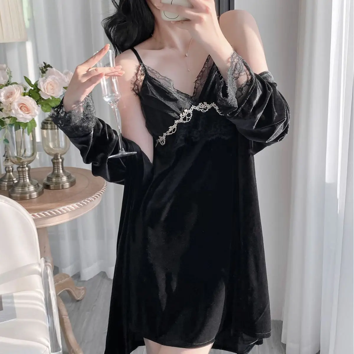 

Autumn Winter Velour Lace Female Twinset Robe Set Women Nightgown Bathrobe Suit Kimono Gown Sleepwear Velvet Home Dress