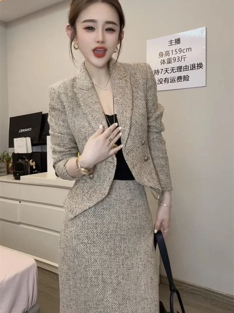 

Маленький ароматный стиль, модный комплект из двух предметов, женский осенне-зимний новый облегающий короткий пиджак + полуюбка, комплект