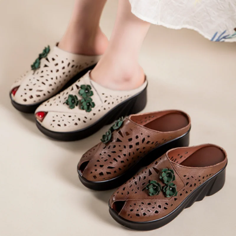 ZXRYXGS Promotion New 2026 Genuine Leather Flowers Slippers Wedges Sandals Summer Fish Mouth Hollow Women's Fashion Slippers