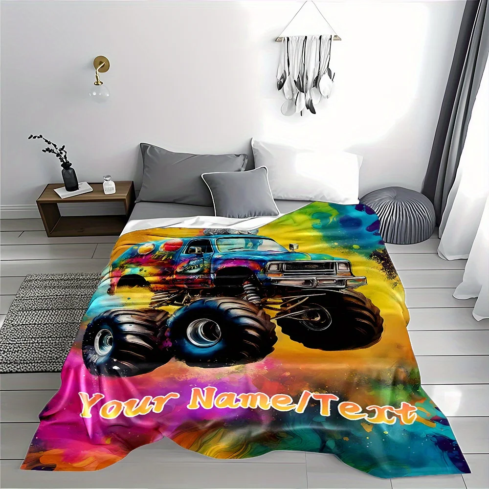 Vibrant Pop Art Monster Truck Throw Blanket Fleece Plush Couch Decor Gift for Car Lovers Jeep Offroad Style Graffiti Street Cozy