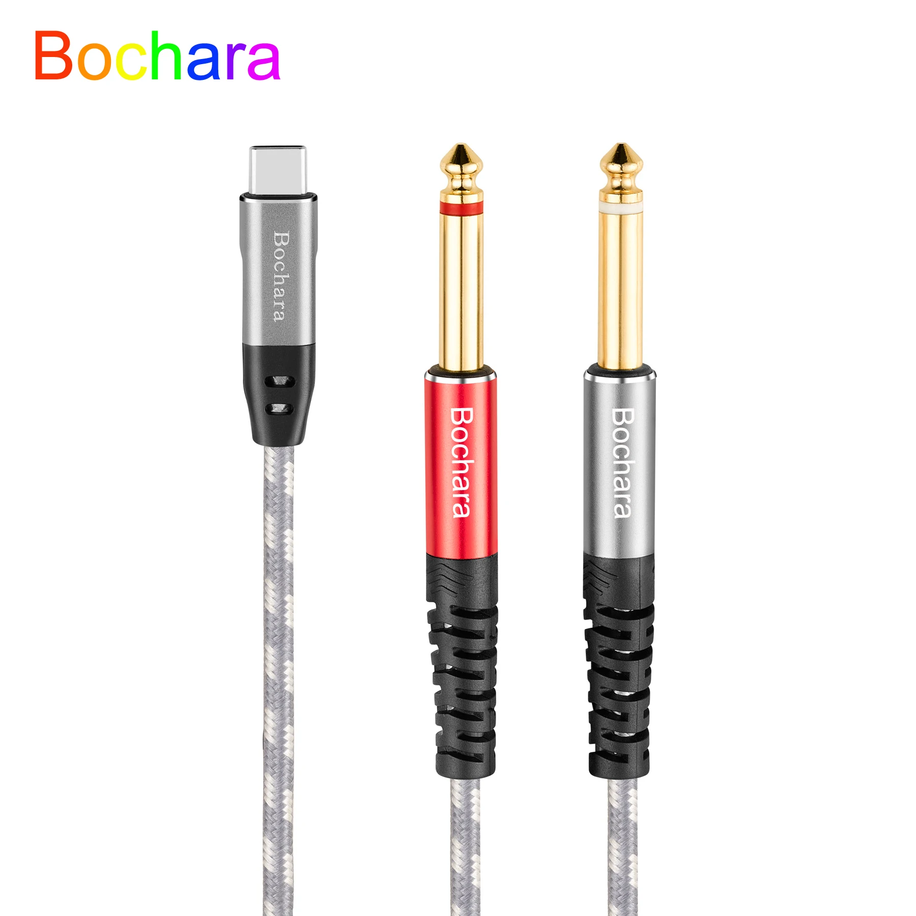 Bochara Braided Type C to Dual 6.35mm TS Jack OFC Audio Output Cable Built-in DAC IC Chipset 24bit@48KHz Foil+Braided Shielded