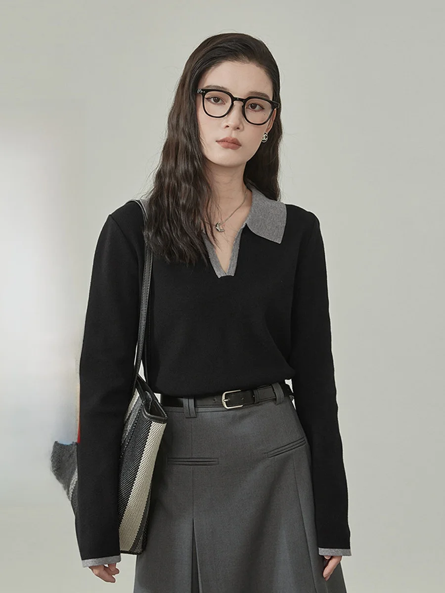 

Черный вязаный свитер с длинным рукавом для женщин, базовый слой, универсальный, стройнящий, в корейском стиле, для повседневной носки