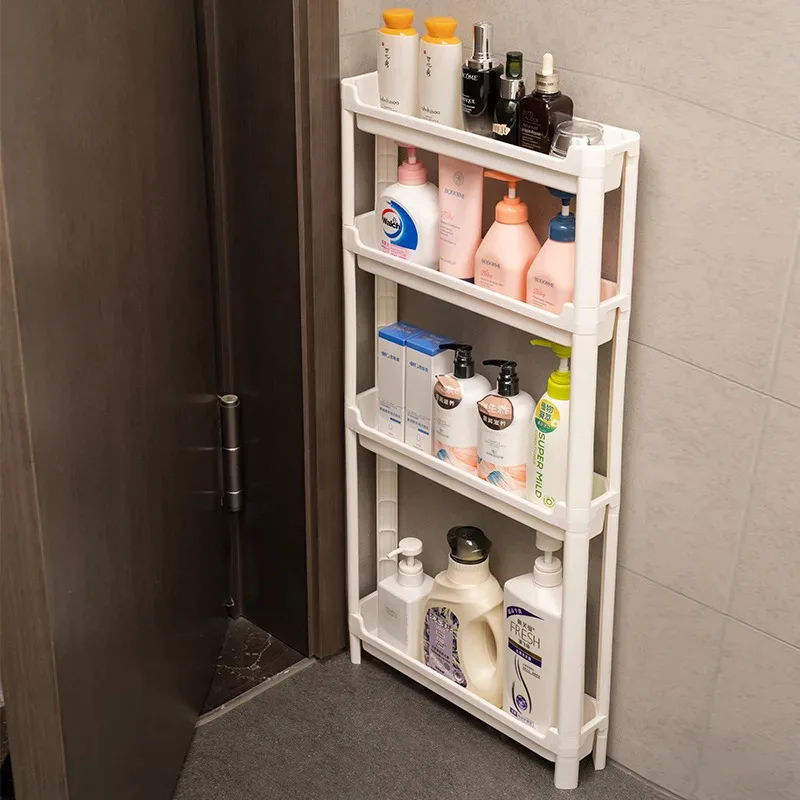 3/4 layer narrow movable storage rack, slim gap trolley behind bathroom door or toilet, kitchen organizer for tiny floor spaces