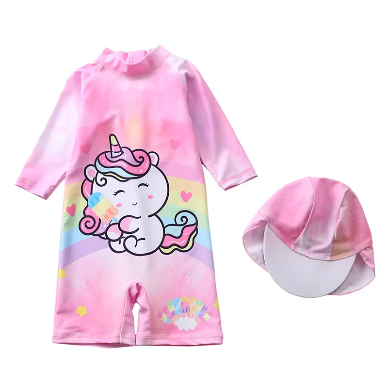 

HappyFlute Cute Style Long Sleeve And Cap Unicorn Print Baby Sunscreen Quick Drying Swimsuit