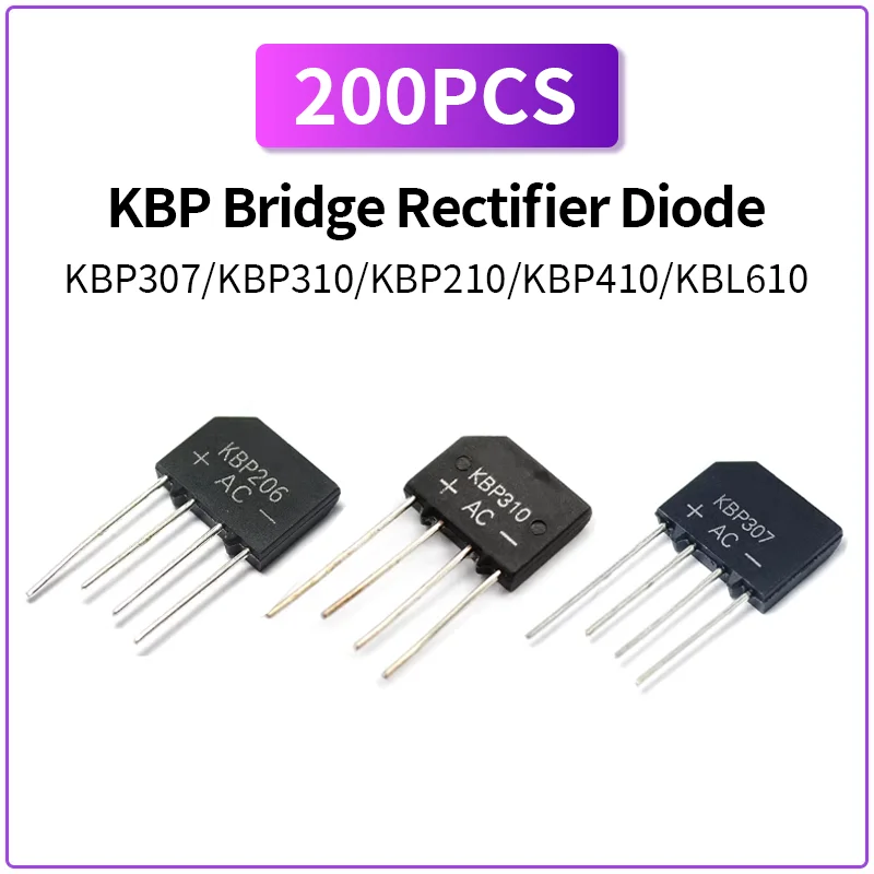 200 шт. диодов-мостов KBP: KBP307, KBP310, KBP210, KBP410, KBL610, 4-контактные DIP-диоды для выпрямителей