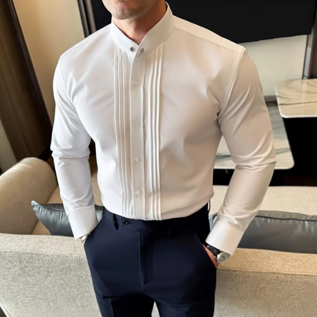

Men's Long-sleeved Tuxedo Shirts Wedding Groom Stand Collar Slim Man Dress Shirt Business Social Fold Design Men Formal Blouses