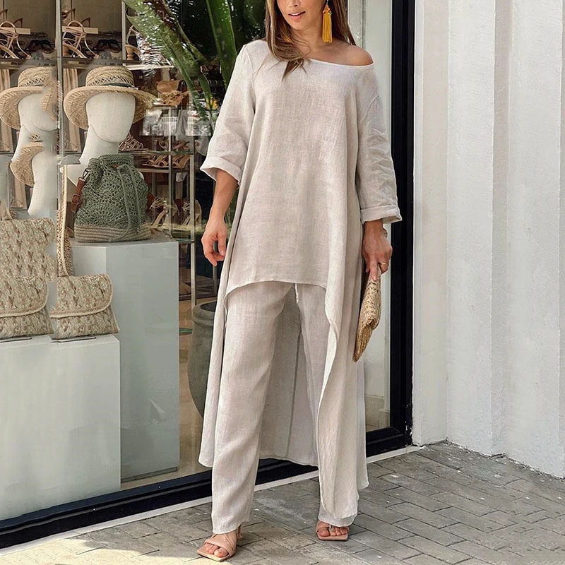 2023 Women Spring Summer O-neck Long Sleeve Irregular Solid Top And Wide Leg Trousers Two Piece Sets Fashion Elegant Female Suit