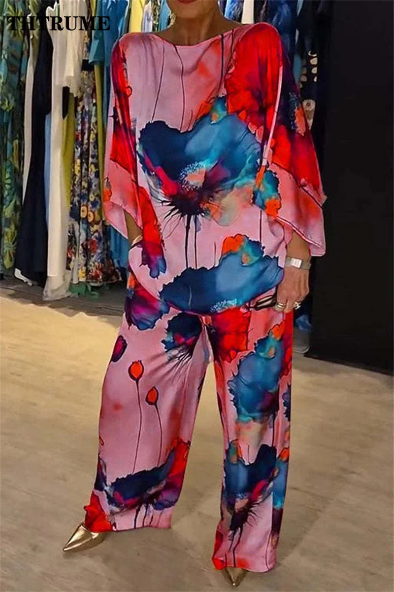 Floral Print New Chic Two Piece Sets Fashion Loose Round Neck Satin Tops Wide Leg Pants Streetwear Casual Holiday Beach Outfits