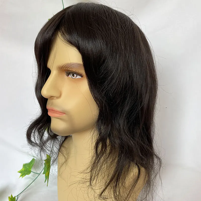 Long Wig for Men Natural Hairline Wig Full Skin PU Male Hair Toupee 100% Human Hair Piece 10x8 1B Color 12-14inch For Women Hair