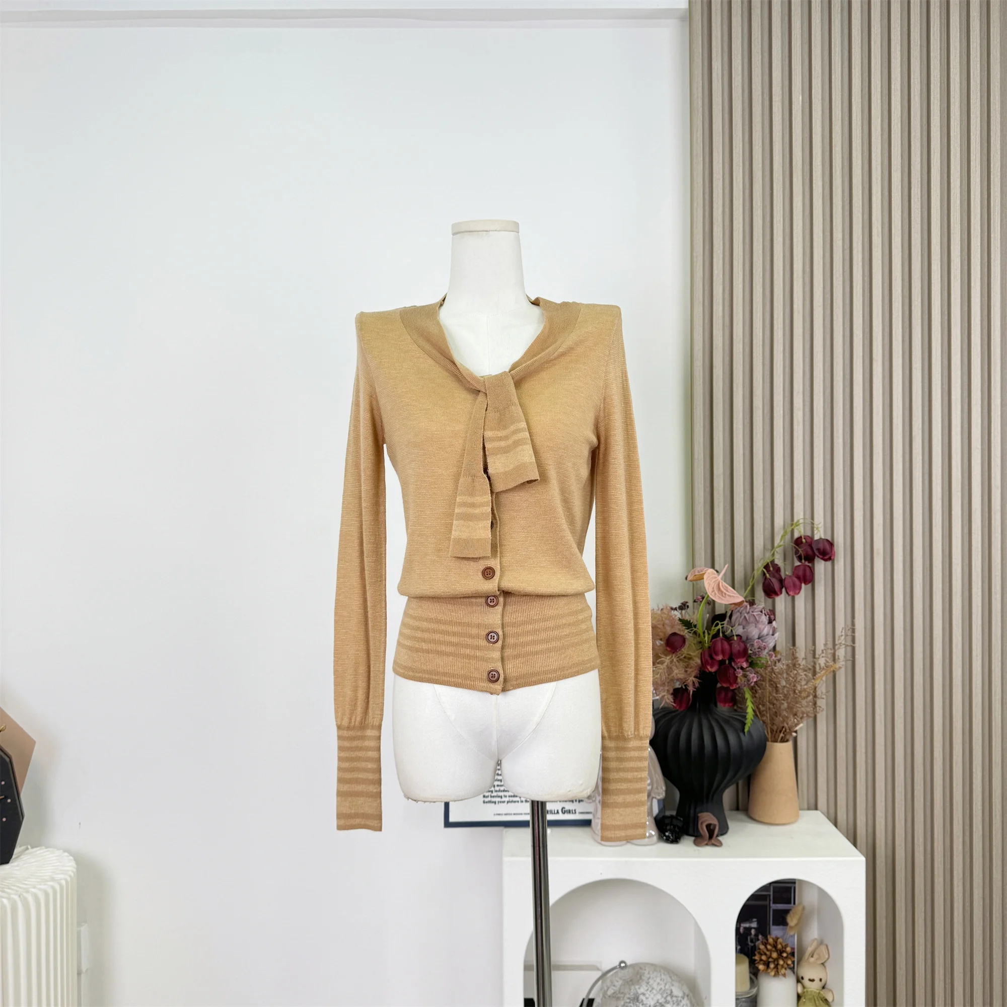 

Women's Autumn Winter Elegant Ribbon Collar Long Sleeve Slim Sweater Lady Solid Color Stripe Pullover Basic Jumper