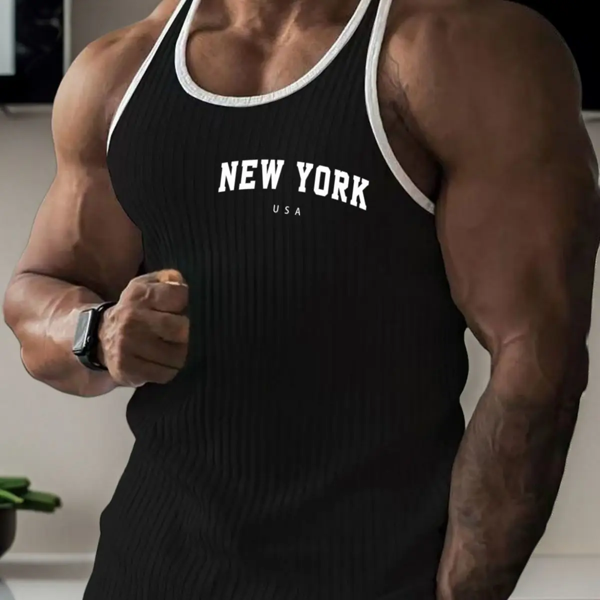 Summer European and American trendy men's fitness veststriped sports training styleslim-fitting casual vestwith letter printing