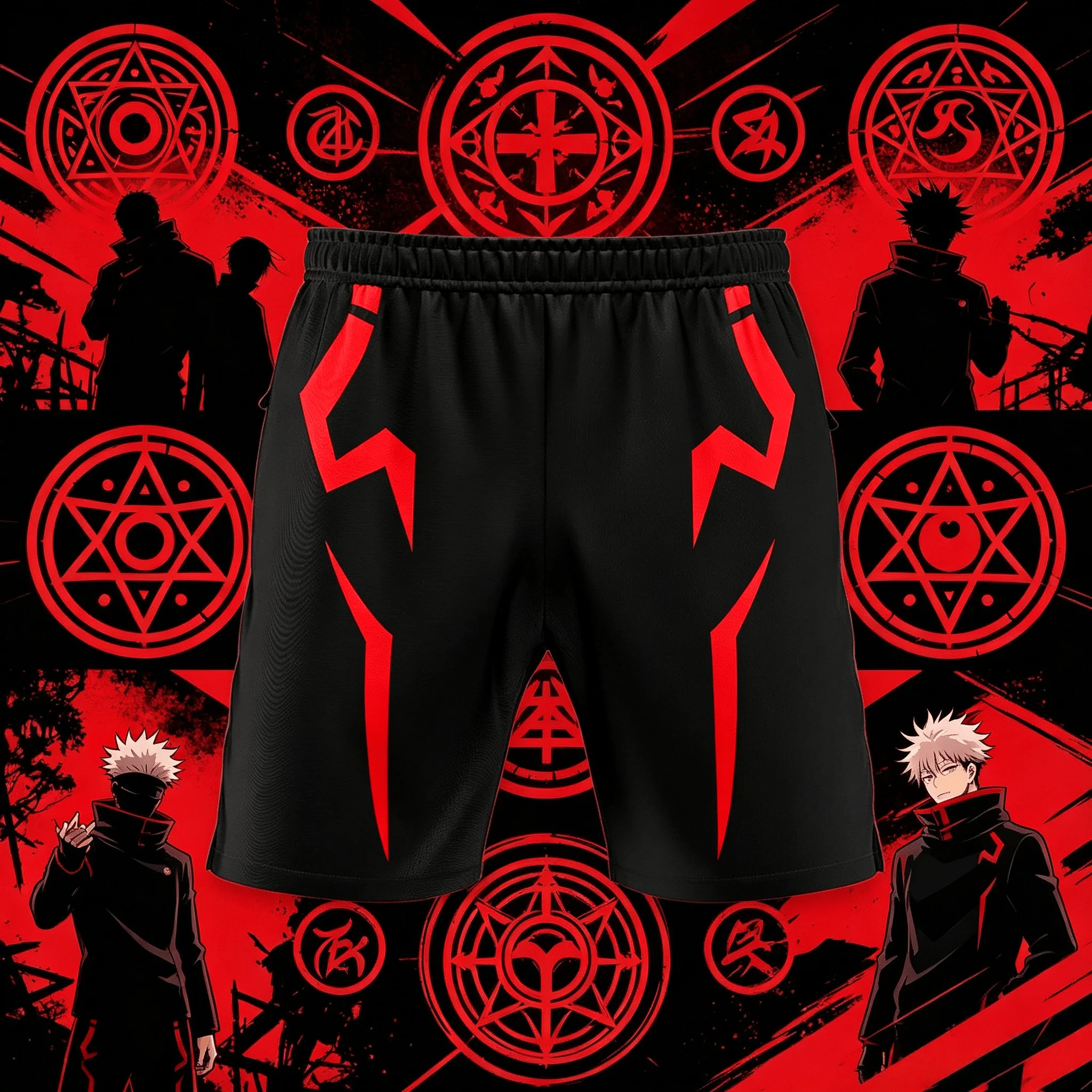 2026 Summer Jujutsu Kaisen Sukuna Inspired Quick Dry Gym Shorts, Men's Unisex Anime Symbol Print Running Sports Shorts