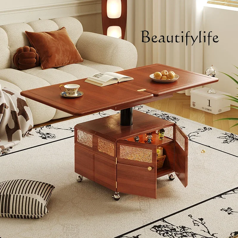 

Solid Wood Lifting and Foldable Mobile Coffee Table Retro Style Living Room Small Dining Table Dual-Use