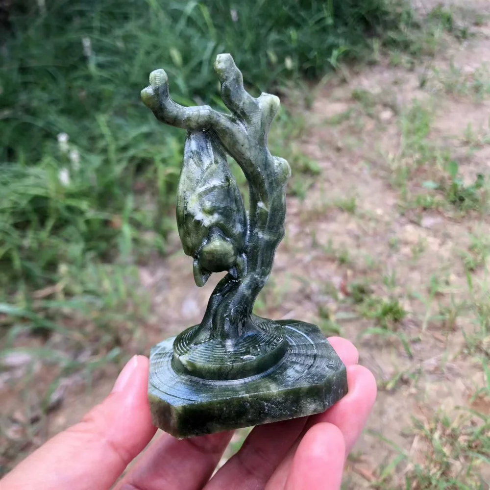 9cm Natural White Jade & Green Serpentine Hand Carved Hanging Bat Tree Statue Chinese Fu Blessing Symbol Crystal Figurine Decor